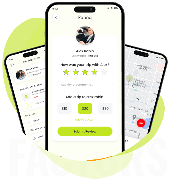 Factors affecting taxi app development - mobile app screens